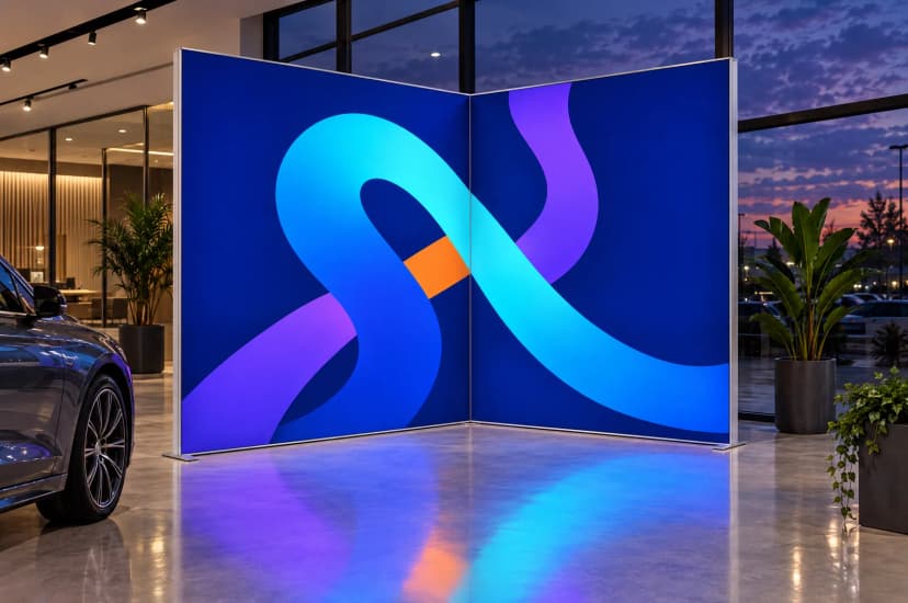 Wizualizacja: dwie ścianki LED Backlight połączone konektorem 90° w salonie
