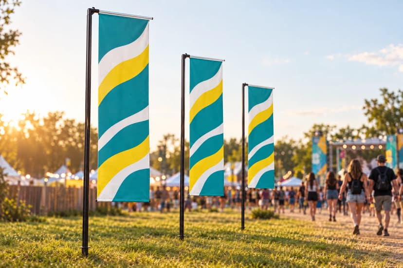 Wizualizacja: trzy beachflagi H przy wejściu na festiwal