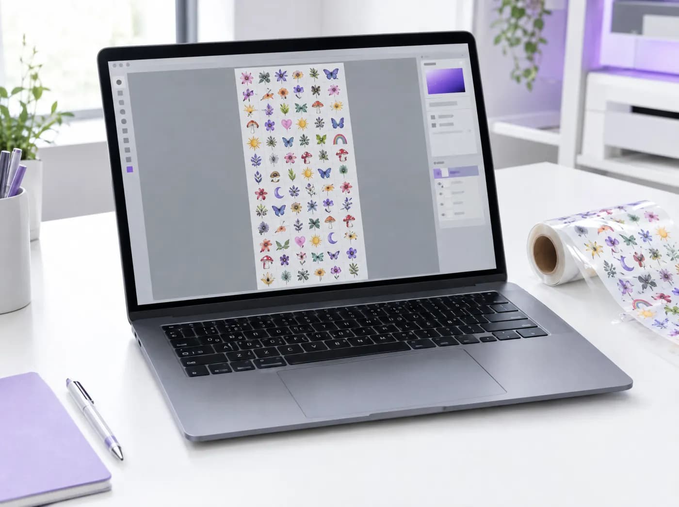 Laptop z ułożonymi grafikami na arkuszu do druku DTF