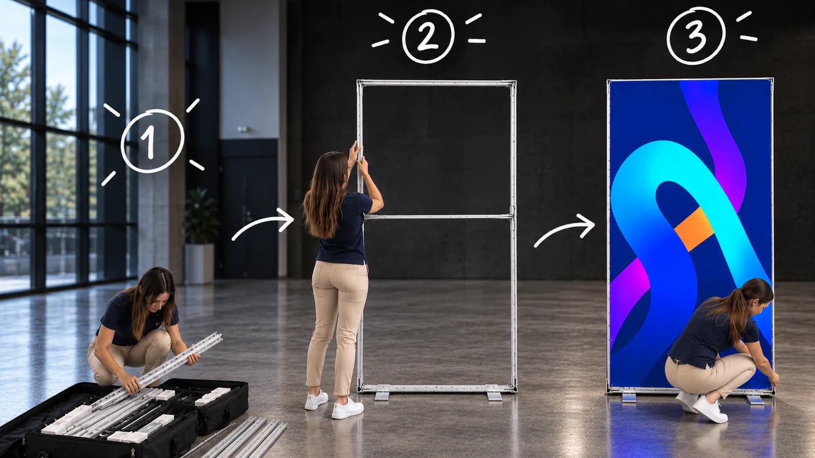 Montaż ścianki LED BOX w trzech etapach: profile z walizki, złożona rama z poprzeczką i założona podświetlona grafika