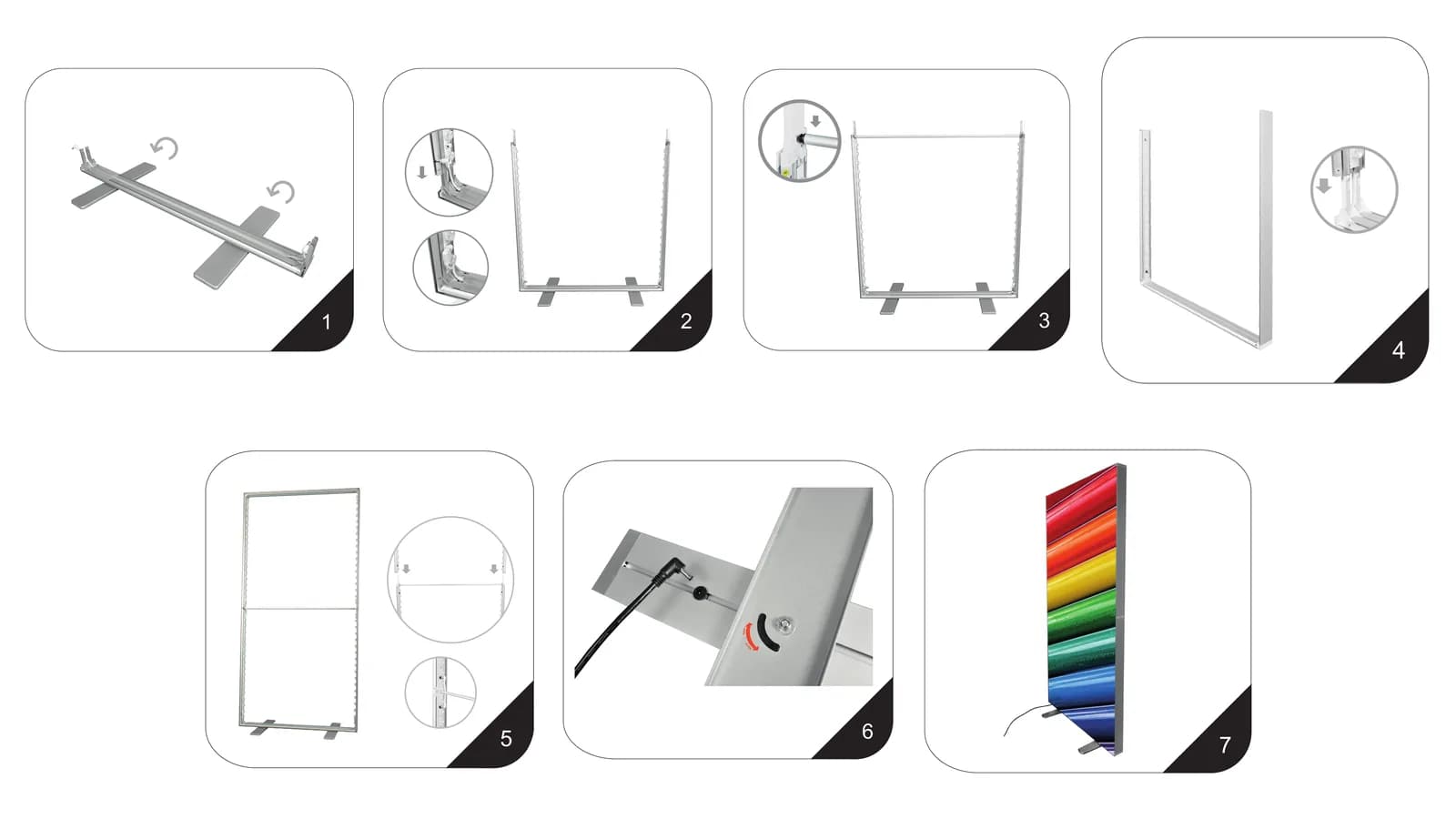 Rysunki instrukcji montażu ścianki LED BOX: obrót stóp, dolna część ramy, poprzeczka, górna część, połączenie ramy, zasilacz i grafika