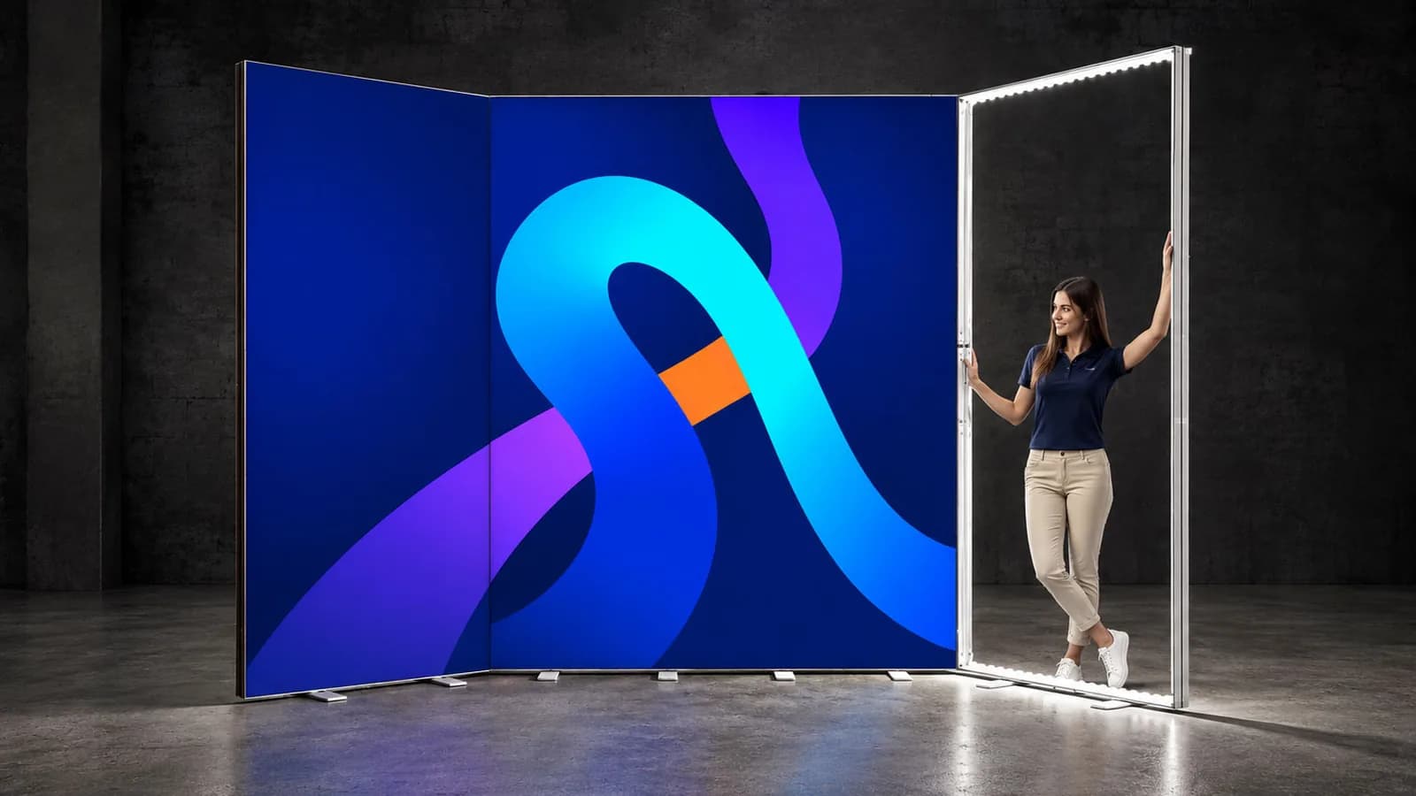 Zabudowa z połączonych ścianek LED BOX z jednym motywem grafiki obok podświetlonej ramy bez tkaniny, w której stoi kobieta
