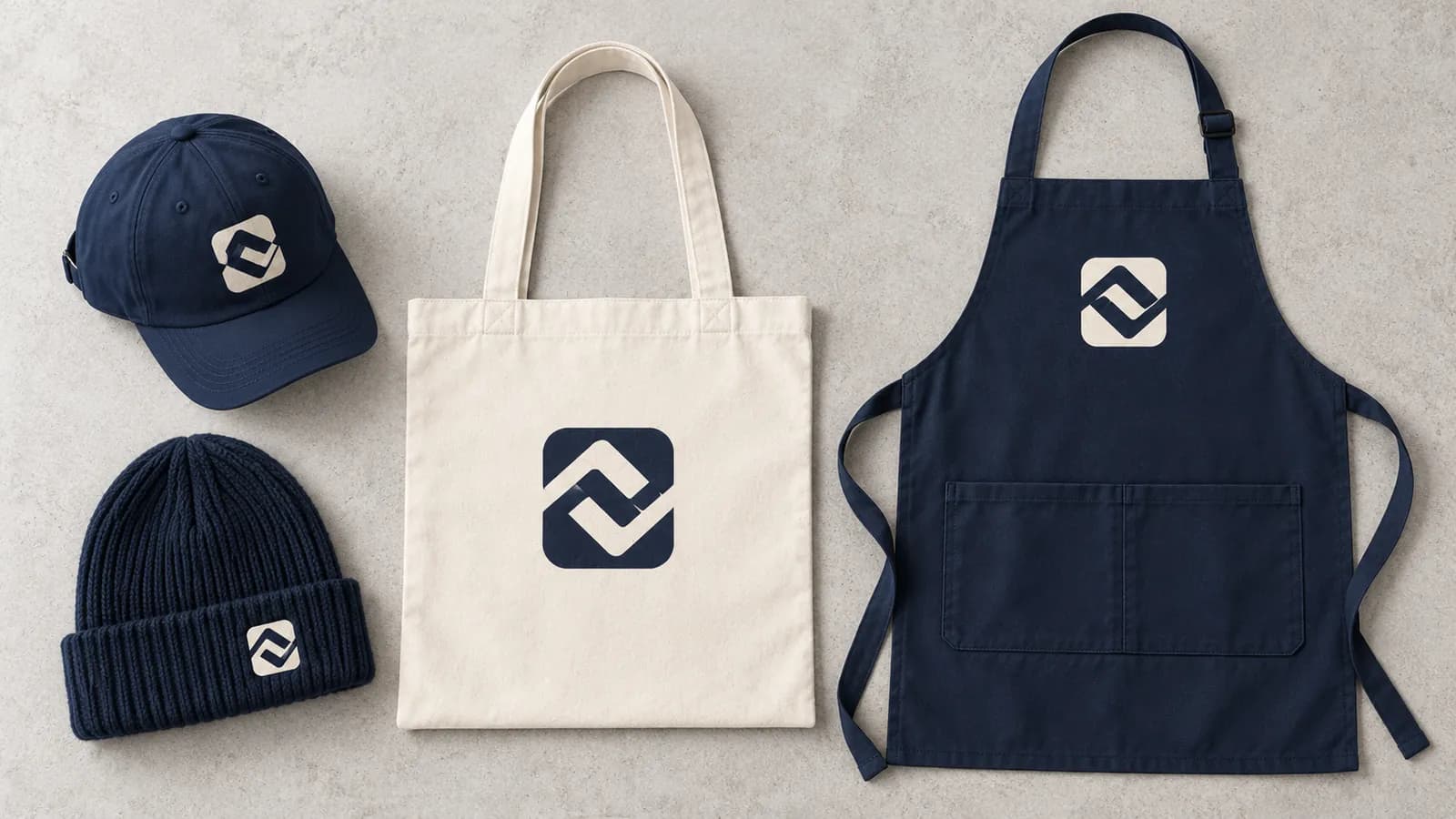 Firmowe dodatki z logo: czapka z daszkiem, czapka beanie, bawełniana torba i fartuch