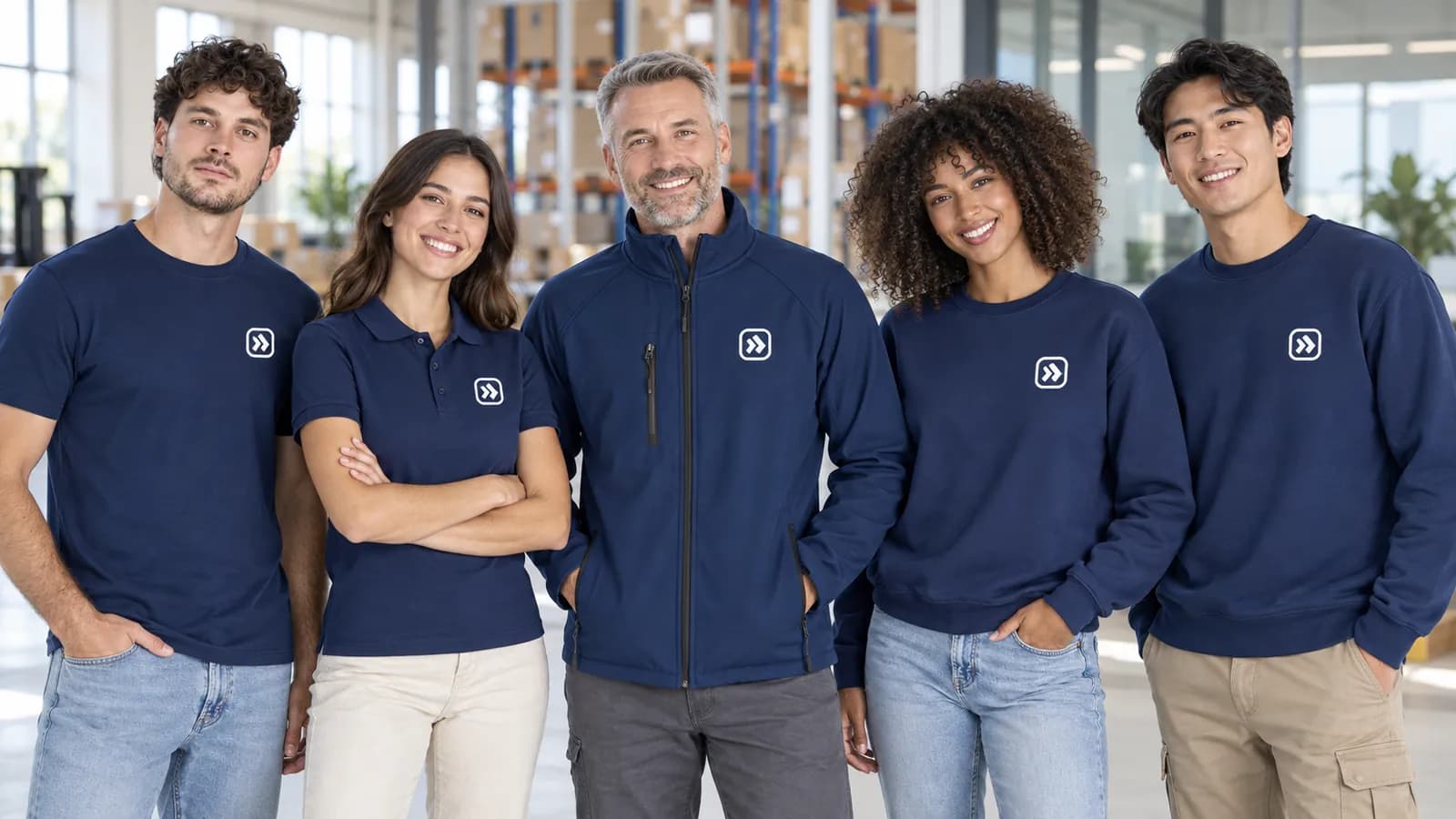 Zespół w granatowej odzieży firmowej z logo na piersi: T-shirt, polo, bluza i kurtka softshell
