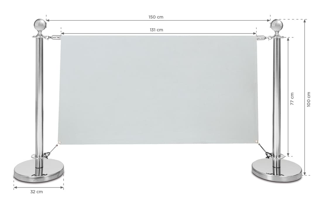 Słupki Cafeteria – wymiary zestawu: rozstaw słupków 150 cm, grafika 131 cm, uchwyty co 77 cm, wysokość 100 cm, podstawa 32 cm