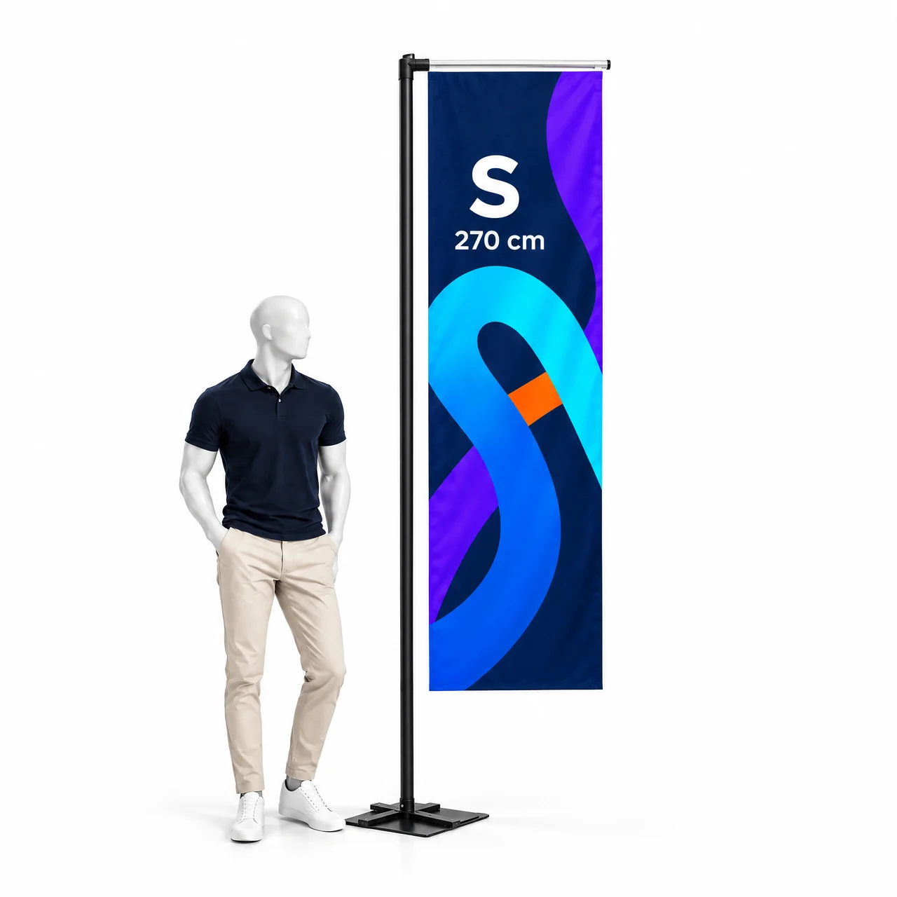 Beachflag H S 270 cm obok manekina dla skali