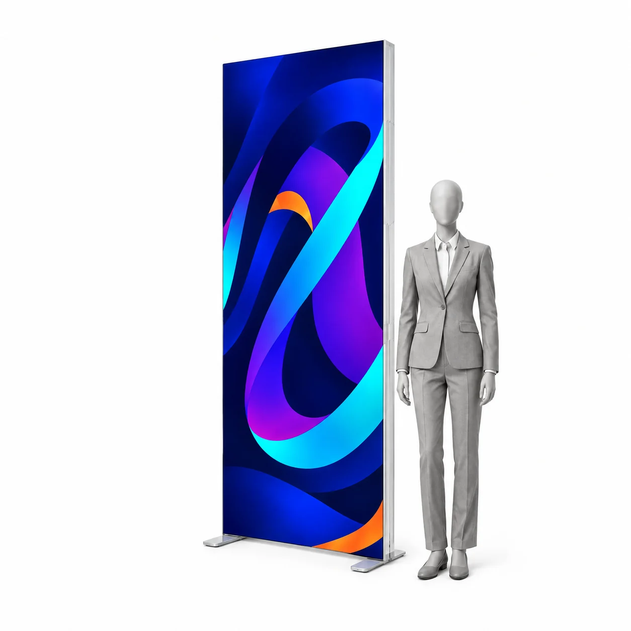 Ścianka podświetlana LED BOX PRO 100x250 cm z nadrukiem obok sylwetki człowieka
