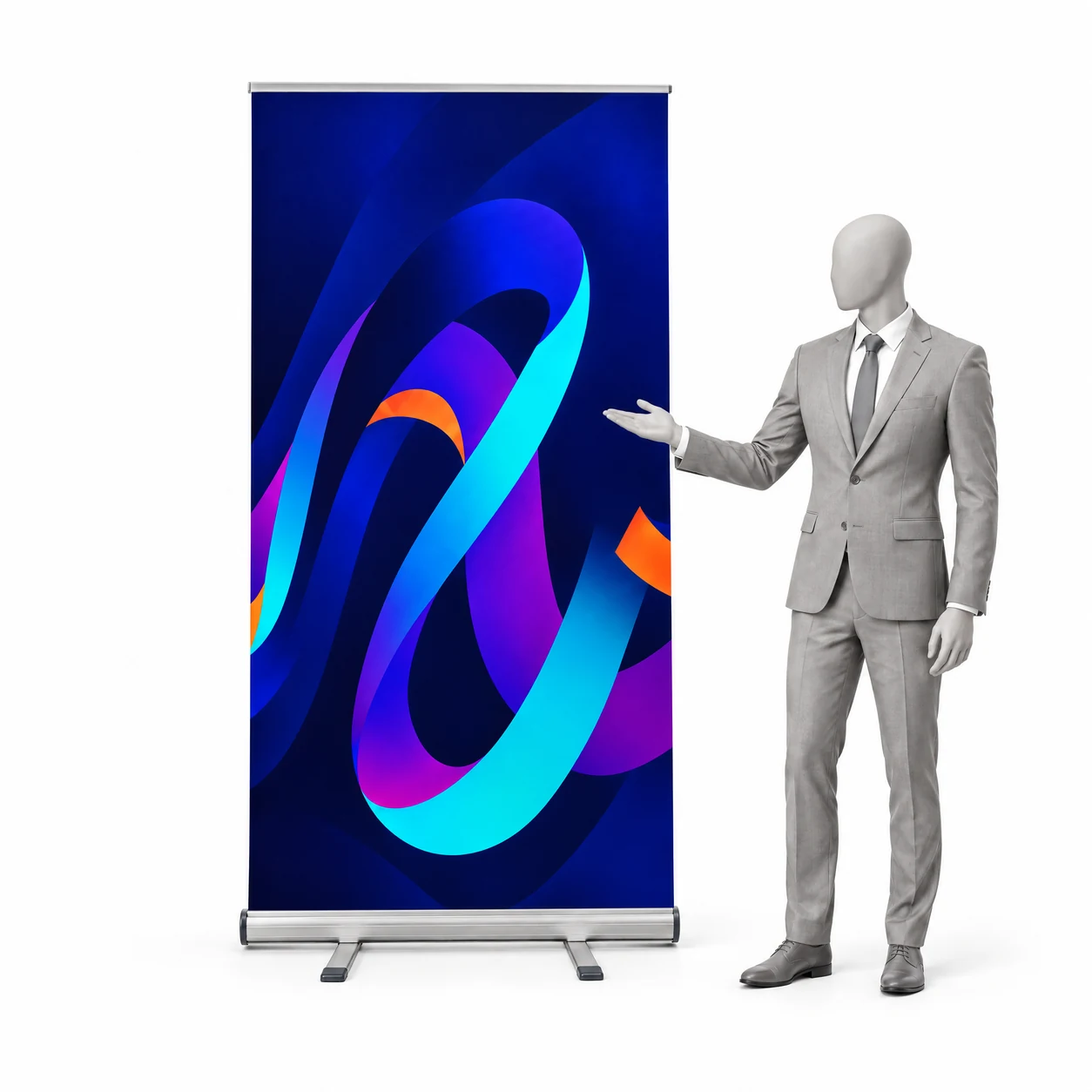 Roll-up Premium 80 × 200 cm z przykładową grafiką obok sylwetki człowieka
