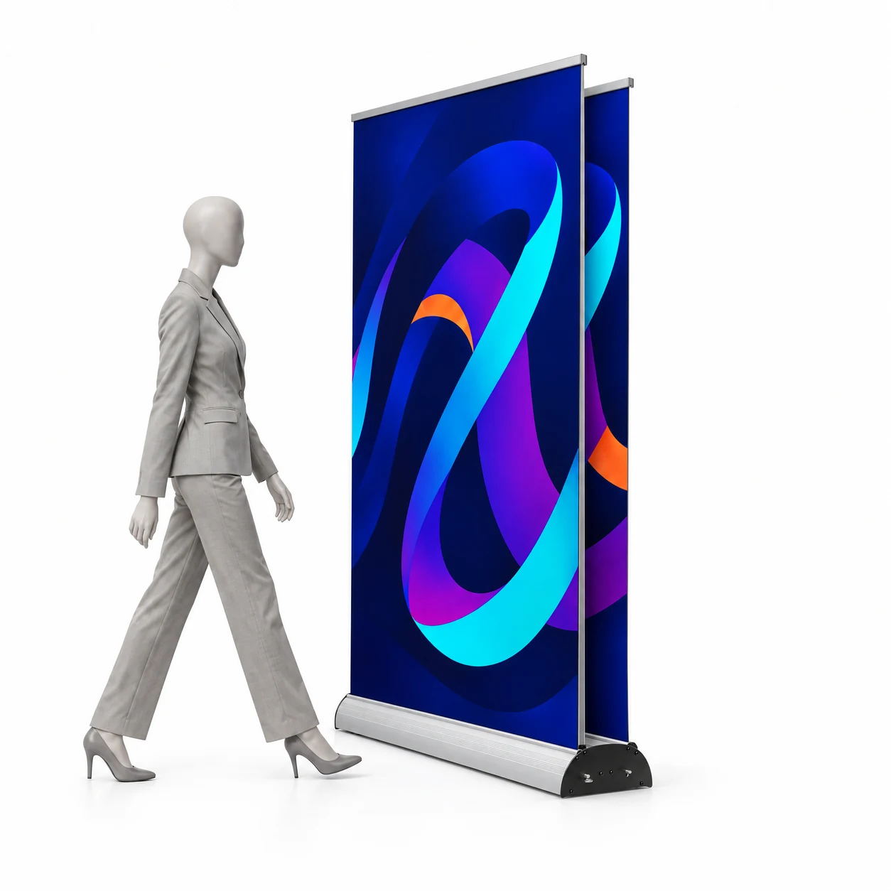 Roll-up Twin 85 × 200 cm z przykładową grafiką obok sylwetki człowieka